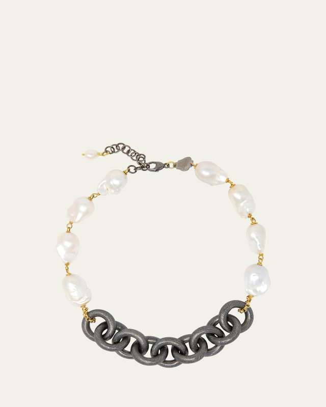 Rosary Necklace with Pearls and Black Silver Chain